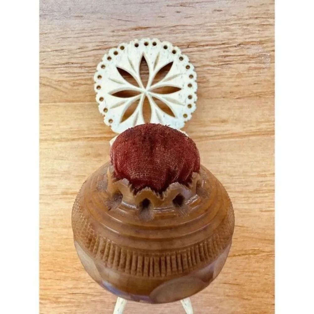 Antique Victorian‎ Carved Tagua Nut Coquilla Nut Mini Chair Red Pin Cushion